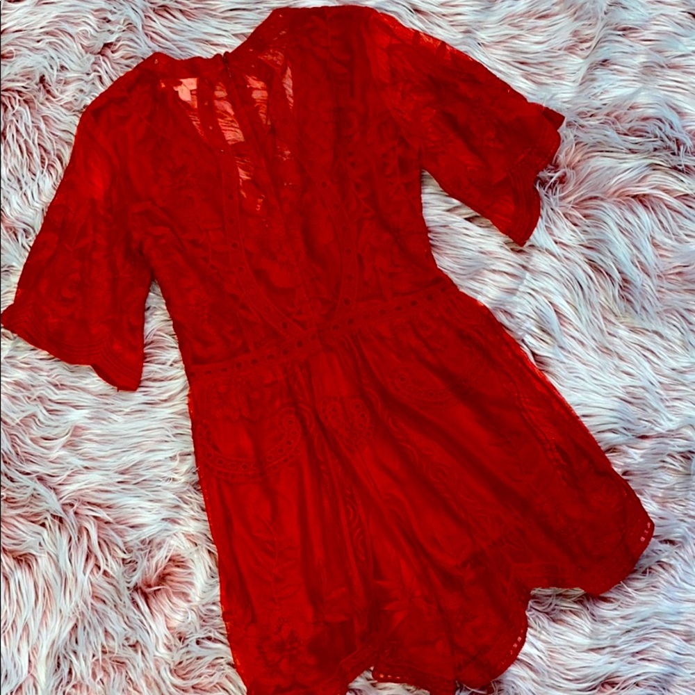 Honey Pinch Red Lace Romper - Picture 6 of 9